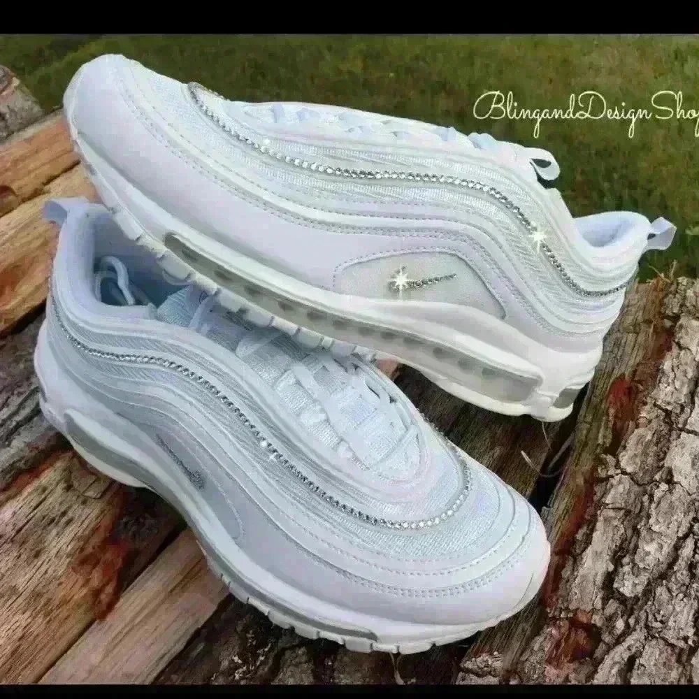 Womens Nike Air Max 97 Shoes All White Custom with Crystals Sneakers